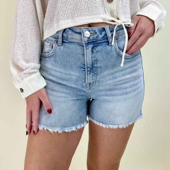 Risen 25 High Rise Jean Short Distressed Hem Light Blue Denim Womens Shorts - Picture 1 of 14